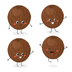 Coconut cartoon character emoticon set vector illustration