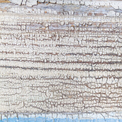Square background with cracked paint on an old board in white, blue, brown