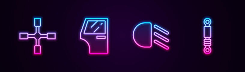 Set line Wheel wrench, Car door, High beam and Shock absorber. Glowing neon icon. Vector.
