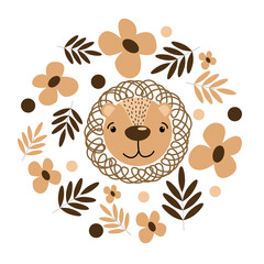 Vectot cute lion cartoon head with flowers. Animals heads isolated on white. Forest critters graphic. Cartoon character faces leo