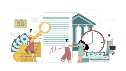 Signing a loan agreement. Buying a property. Borrowing money from a bank for a mortgage. Vector illustration