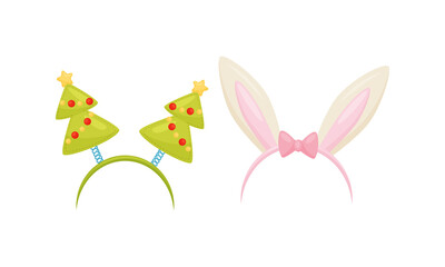 Funny Headbands with Fir Tree and Bunny Ears Vector Set