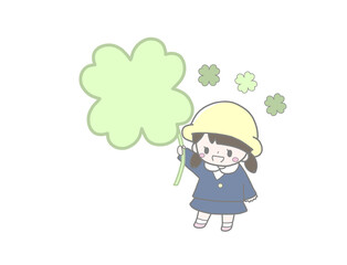大きな四つ葉のクローバーを持ったかわいい幼稚園児の春の手描き風イラスト