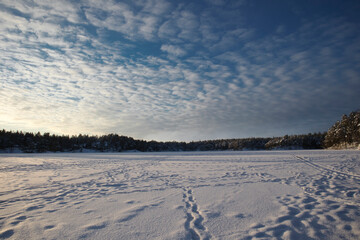 Fototapeta na wymiar Frozen snow covered lake in the winter