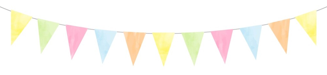 triangular colorful flags garland in pastel colors vector isolated on white background, watercolor effect