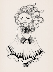 liner sketch of a young girl in ethnic dress drawing with ornament clothing illustration