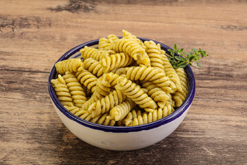 Italian pasta Fusilli with pesto