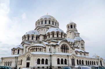 Fragment of the beautiful Eastern Orthodox Cathedral "St. Alexander Nevsky" in winter, built in 1882 year, Sofia, Bulgaria 