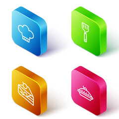 Set Isometric line Chef hat, Spatula, Piece of cake and Homemade pie icon. Vector.