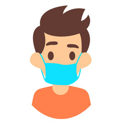 People face with mask icon isolated on white. Notice Safety sign. Guy wearing protective mask. Rules for visiting shops, public places, coronavirus, how to protect yourself, office worker wears a mask