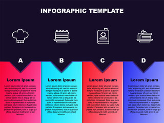 Set line Chef hat, Cake, Cookbook and Piece of cake. Business infographic template. Vector.