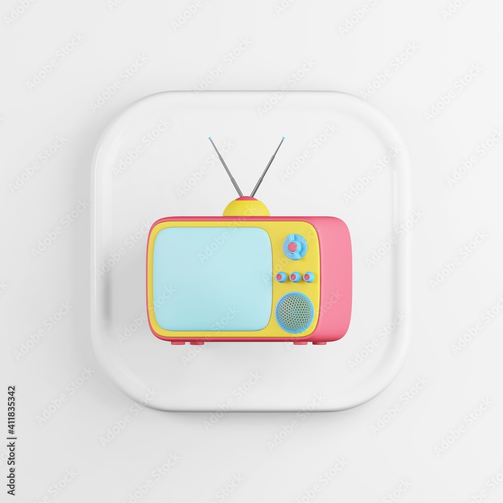 Poster retro tv icon. 3d rendering white square button key, interface element.