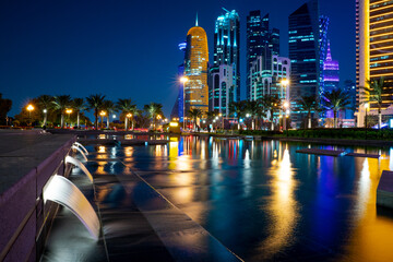 12 February 2019- Colorful Skyline of Doha Qatar City during night.