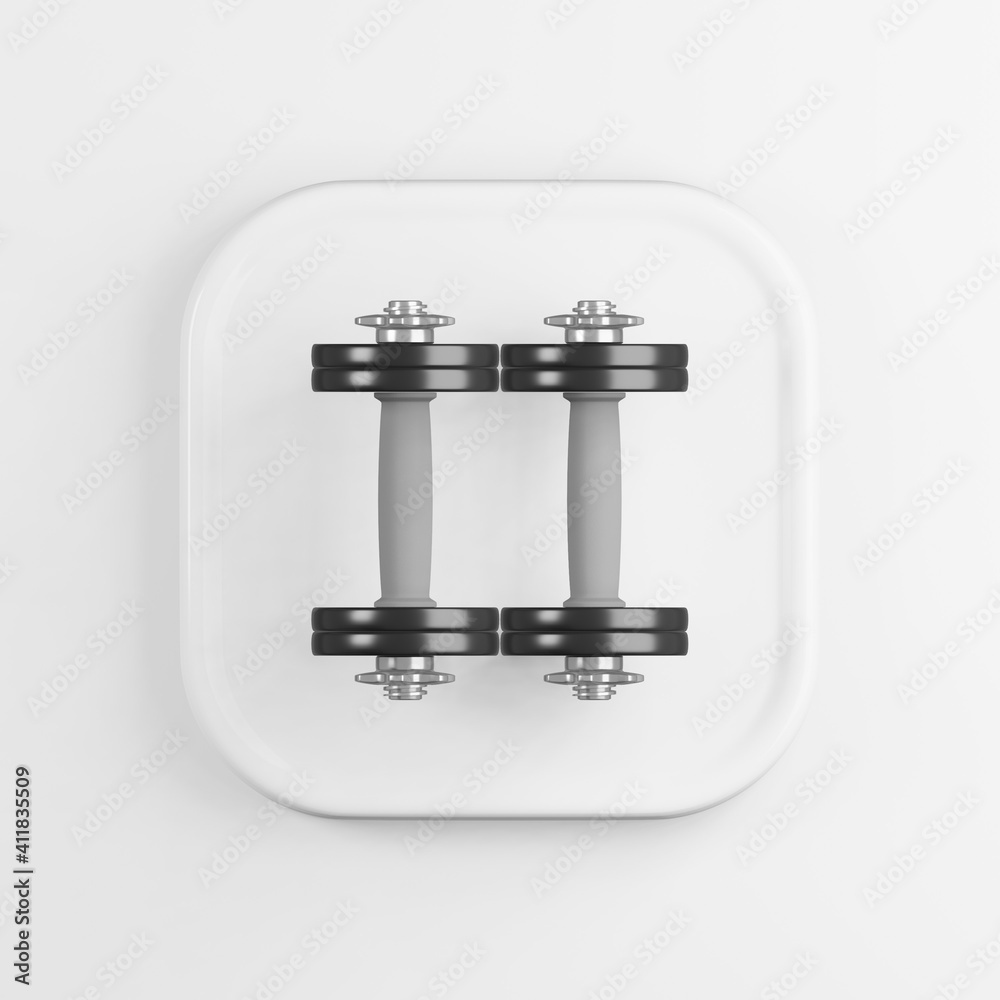 Poster iron dumbbells top view icon. 3d rendering white square button key, interface element.