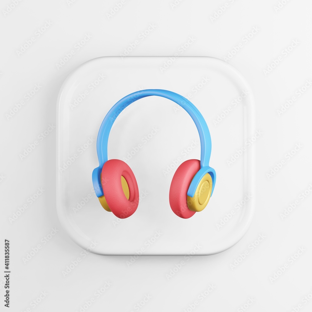 Poster multicolored headphones icon. 3d rendering white square button key, interface element.