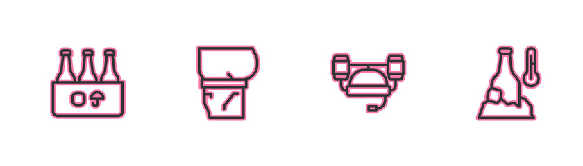 Set line Pack of beer bottles, Beer helmet, belly and Cold icon. Vector.