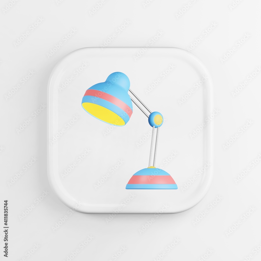 Poster multicolored table lamp icon. 3d rendering white square button key, interface element.
