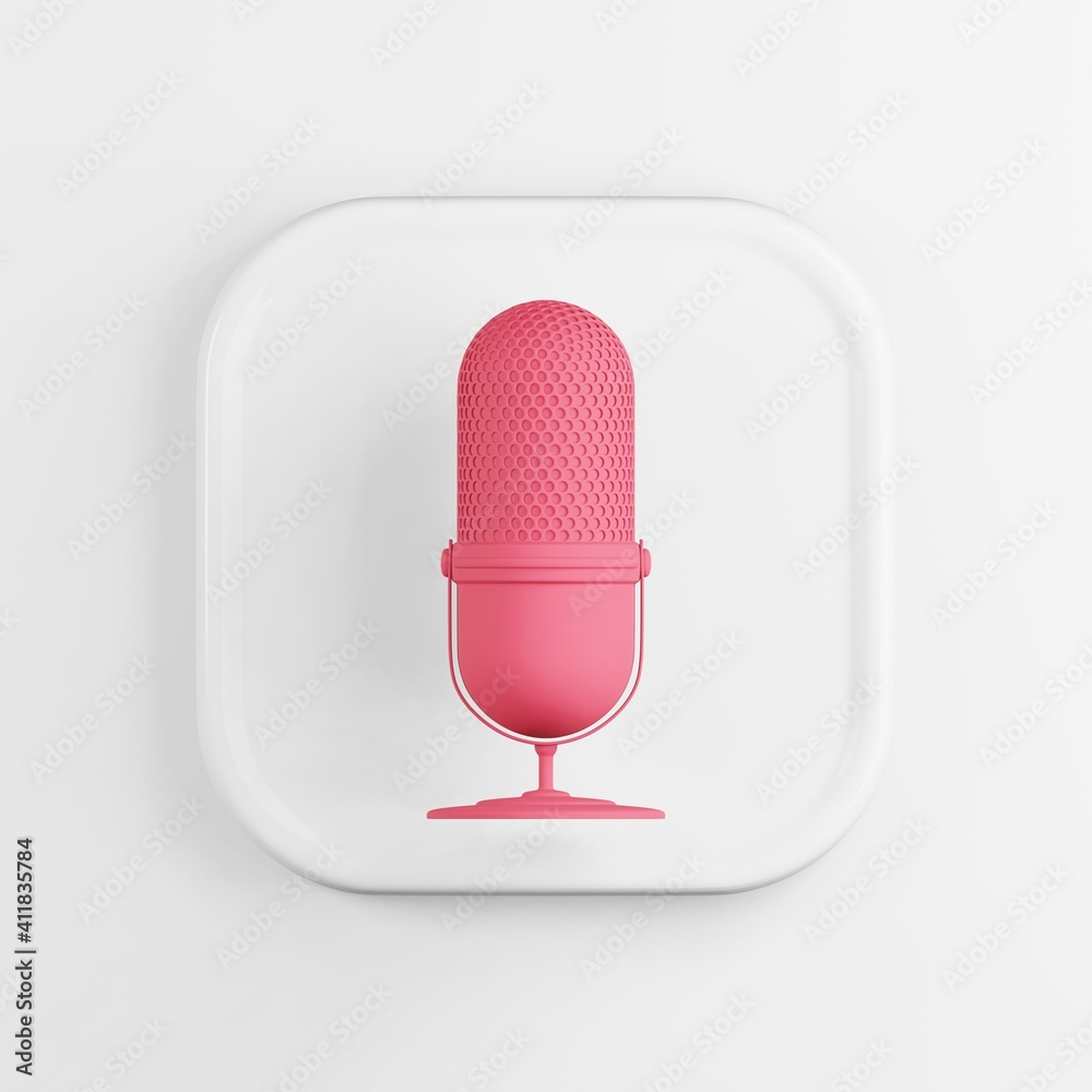 Poster red microphone icon. 3d rendering white square button key, interface element.