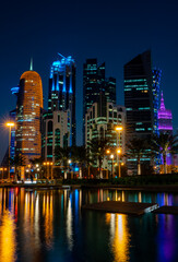 12 February 2019- Colorful Skyline of Doha Qatar City during nig