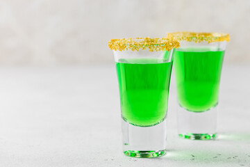 St. Patrick's Day party drinks, shots. Space for text