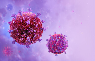 HIV virus cells. Scientifically accurate human immunodeficiency virus (HIV) close-up view. Acquired immunodeficiency syndrome AIDS 3D medical illustration. HIV viral particles with membrane, proteins - obrazy, fototapety, plakaty