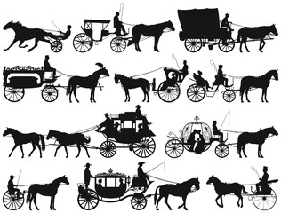 antique and new horse drawn coach carriage vector silhouette collection