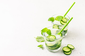 Herbal cucumber iced tea cocktail. Space for text.