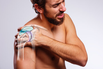 Shoulder muscle and nerve pain, man holding painful zone injured point, human body anatomy