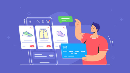 Online store e-commerce mobile app usage by consumer. Flat line vector illustration of young man holding blue credit card and pointing to the online e-store web cart with goods on smartphone screen