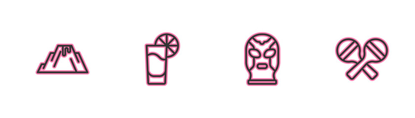 Set line Volcano eruption with lava, Mexican wrestler, Tequila glass lemon and Maracas icon. Vector.