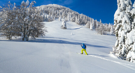 AERIAL: Man hikes in the pristine white countryside to splitboard off piste.