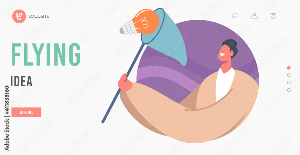 Wall mural flying idea landing page template. male character get insight. man catching lamp with butterfly net.