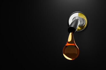 Golden gasoline injector fueling oil or pure fuel on diesel tank background. 3D rendering. - obrazy, fototapety, plakaty