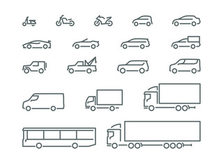 Set of transport icons, line silhouette, motorcycles, cars, delivery transport  - obrazy, fototapety, plakaty