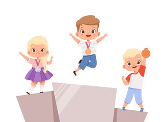 Kids victory. Children on pedestal with medals. Girl boy winners, toddler competition vector concept. Illustration winner podium champion, kids prize and reward