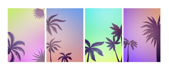 Palm beach posters. Summer background, colorful tree vintage banners. Seasonal party empty flyers vector template. Illustration summer holiday with leaf palm