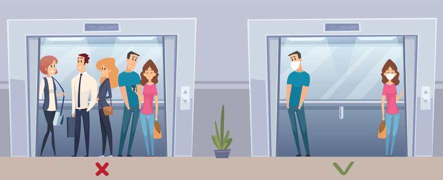 New elevator use rules. Virus flu prevention, people crowd and single in face mask vector concept. Illustration elevator people distance, social protection
