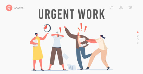 Fototapeta na wymiar Urgent Work Landing Page Template. Anxious Business Characters in Chaos Office. Deadline, Running Stressed Workers