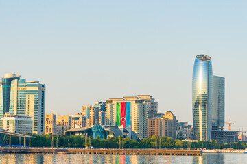 Fototapeta na wymiar Baky skyline view from Baku boulevard or the Caspian Sea embankment. Baku is the capital and largest city of Azerbaijan and of the Caucasus region.