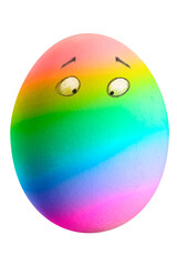 Large picture of an rainbow colored easter egg with drawn eyes on a white background.