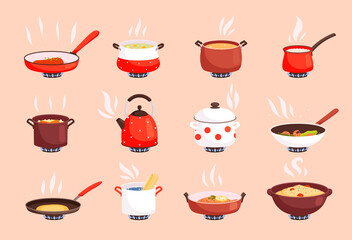 Cooking food. Boiling in kitchen pan on gas stove cookware processes egg and soup preparing nowaday vector flat pictures set isolated. Saucepan and pot, cooking food in pan illustration