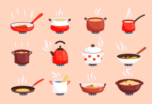 Cooking food. Boiling in kitchen pan on gas stove cookware processes egg and soup preparing nowaday vector flat pictures set isolated. Saucepan and pot, cooking food in pan illustration