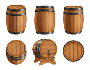 Barrels alcohol. Front and top view of wooden barrels with rum bar containers faucet hoop decent vector realistic illustration set. Barrel and keg, cask for alcohol wine beer