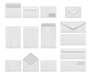 Envelopes collection. Business correspondence letters realistic mockup a4 printing stationery decent vector illustrations set isolated. Business envelope to send letter, paper mail correspondence