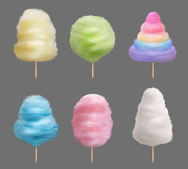 Colored cotton candy. Delicious sweets products from sugar for kids street dulce food decent vector illustration realistic templates set. Delicious sweet food, dessert fluffy