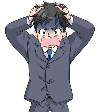 頭を抱えて青ざめているスーツの男性