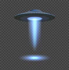 Blue ufo lights. Aliens spaceship spotlight, 3d space object isolated on transparent background. Flying rays, futuristic ship vector element. Illustration ufo spotlight, alien spaceship - obrazy, fototapety, plakaty