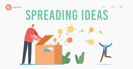 Knowledge and Ideas Spreading, Education, Insight Landing Page Template. Man Open Huge Box with Light Bulbs Flying Out