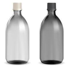 Black glass medical bottle. Medicine syrup vial with cap. Essential oil jar mockup. Liquid pharmaceutical drug bottle with screw cap. Chemical tincture flask mock up. Medicament vial template blank