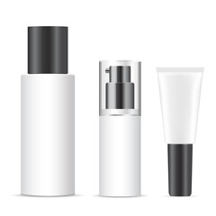 White cosmetic bottles mockup. Vector package blank, plastic spray container design. Cream tube template. Pump bottle for liquid moisturizer or clean milk. Spa shampoo in set